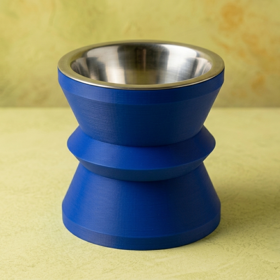 Gamelle surélevée pour chat Zigzag bleu profond avec bol inox, design made in France