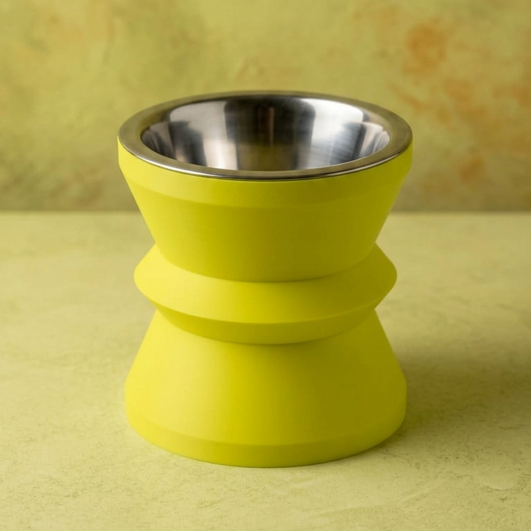 Détail de la gamelle surélevée Zigzag RONRON : base sculpturale imprimée en 3D et bol inox