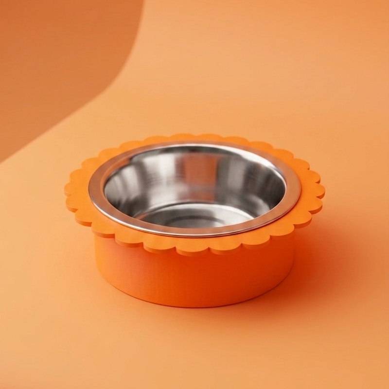 Gamelle chat originale Fleur orange vintage, bol inox amovible, fabriquée en France