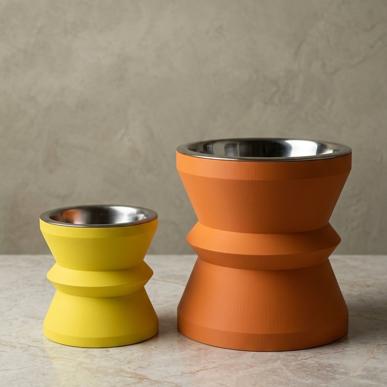 Deux gamelles surélevées Zigzag RONRON, taille S jaune pour chat et taille L orange pour chien